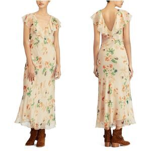 New! RALPH LAUREN Women's 100% Silk Floral Print Ruffled Prairie Dress